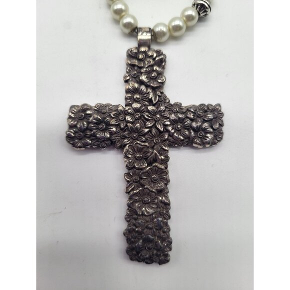 Brighton Lola Floral Cross Necklace Faux Pearl Beaded Long Statement Pendant - Picture 3 of 10